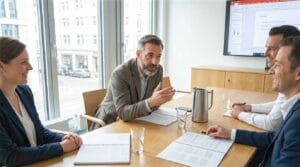 F&uuml;hrungskraft im Gespr&auml;ch mit einem kleinen Team in einem modernen Besprechungsraum.