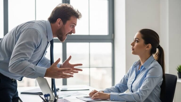 Eine Frau reagiert gelassen, während ihr Vorgesetzter sie anschreit. Symbolisches Bild für den Raum der Freiheit zwischen Reiz und Reaktion.